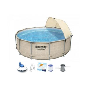 Pack BESTWAY Piscina de tubo redondo - Acero Pro - 396 x 107 cm - con toldo - Robot aspirador Frisbee - Kit de tratamien - Beige