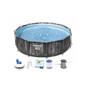 Pack BESTWAY Piscina de tubo redondo - Acero Pro Max - 366 x 100 cm - diseño de madera - robot aspirador Frisbee - Kit - Bois