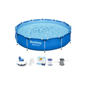 Pack BESTWAY Piscina de tubo redondo - Acero Pro Max - 366 x 100 cm - Robot aspirador Frisbee - Kit de tratamiento del a - Bleu