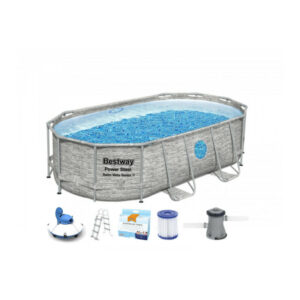 Pack BESTWAY Piscina tubular ovalada - SwimVista - 427 x 250 x 100 cm - Patrón de ratán - Robot aspirador Frisbee - Ki - Gris