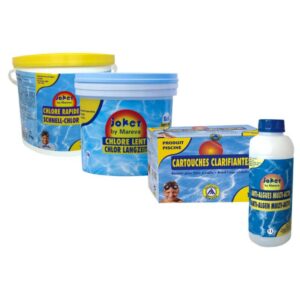 Pack completo de limpieza con cloro para piscinas MAREVA - cloro lento - cloro rápido - clarificador - antialgas - Joker