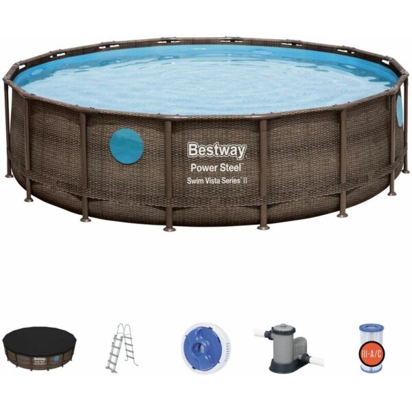 Piscina Desmontable Tubular Bestway Power Steel Diseño Ratán 488x122 cm con Depuradora Cartucho 5.678 L/H Cobertor y Escalera