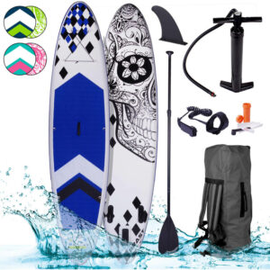 Tabla Paddle Surf inflable CANDY SKULL azul 320x81x15cm+remo telescópico+mochila+bomba+kit de reparación, capacidad 130kg, correa para el pie de alta