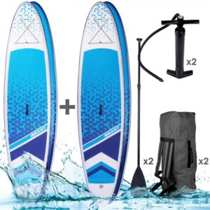 Tabla Paddle Surf inflable DUDE & DUDE + 2 remos telescópicos + 2 mochilas + 2 bombas + kit de reparación, con correas de alta calidad. SUP para