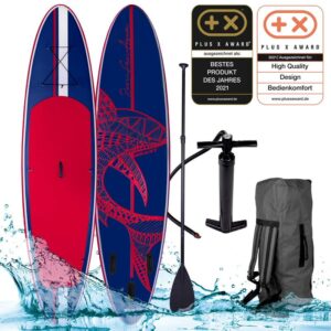 Tabla Paddle Surf inflable SHARK azul rojo 300x76x15 cm, 115kg+remo telescópico+mochila+bomba+kit de reparación, correa de alta calidad. Tabla SUP