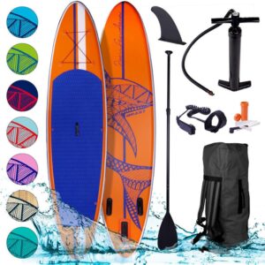 Tabla Paddle Surf inflable SHARK naranja 320x81x15 cm, 140kg + remo telescópico + mochila + bomba + kit de reparación + correa para el pie. Tabla SUP