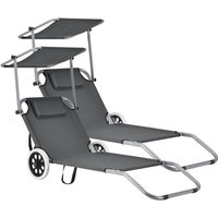 Casa.pro - Set de 2x Tumbona con 2 Ruedas - 146 x 52 x 15 cm - Silla de playa con Parasol - Para jardín terraza patio piscina playa - Gris oscuro [