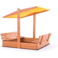 Arenero - madera - con techo y bancos - 120x120 cm - amarillo