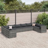 Set de muebles de jardín 10 pzas y cojines ratán sintético gris